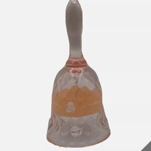 VINTAGE FENTON SALMON PINK GLASS BELL W/ PAINTED DECORATION SIGNED BY ARTIST